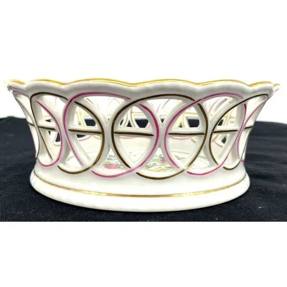 Herend Bowl Hungary Porcelain Round Open Weave Basket 7" Butterfly Handpainted - Picture 3 of 9